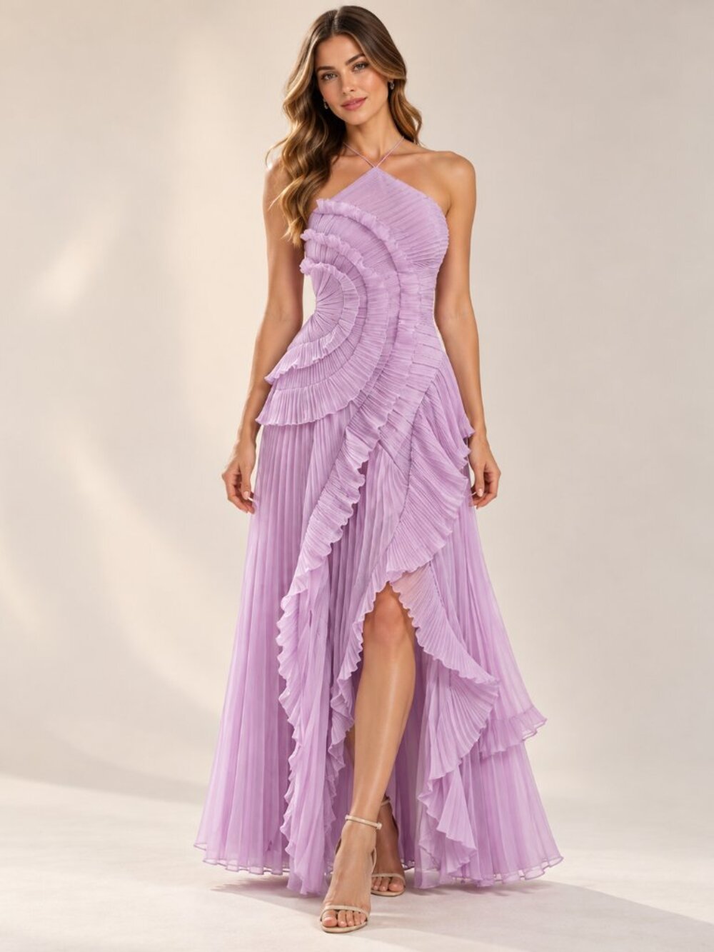166. Purple Pleated Halter Neck Ruffle A-Line Maxi Dress